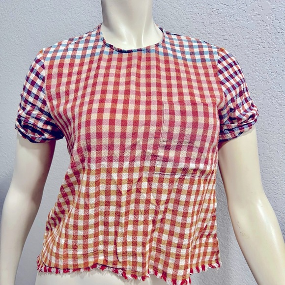 Zara multicolor plaid fringe hem button back blouse - Picture 2 of 3